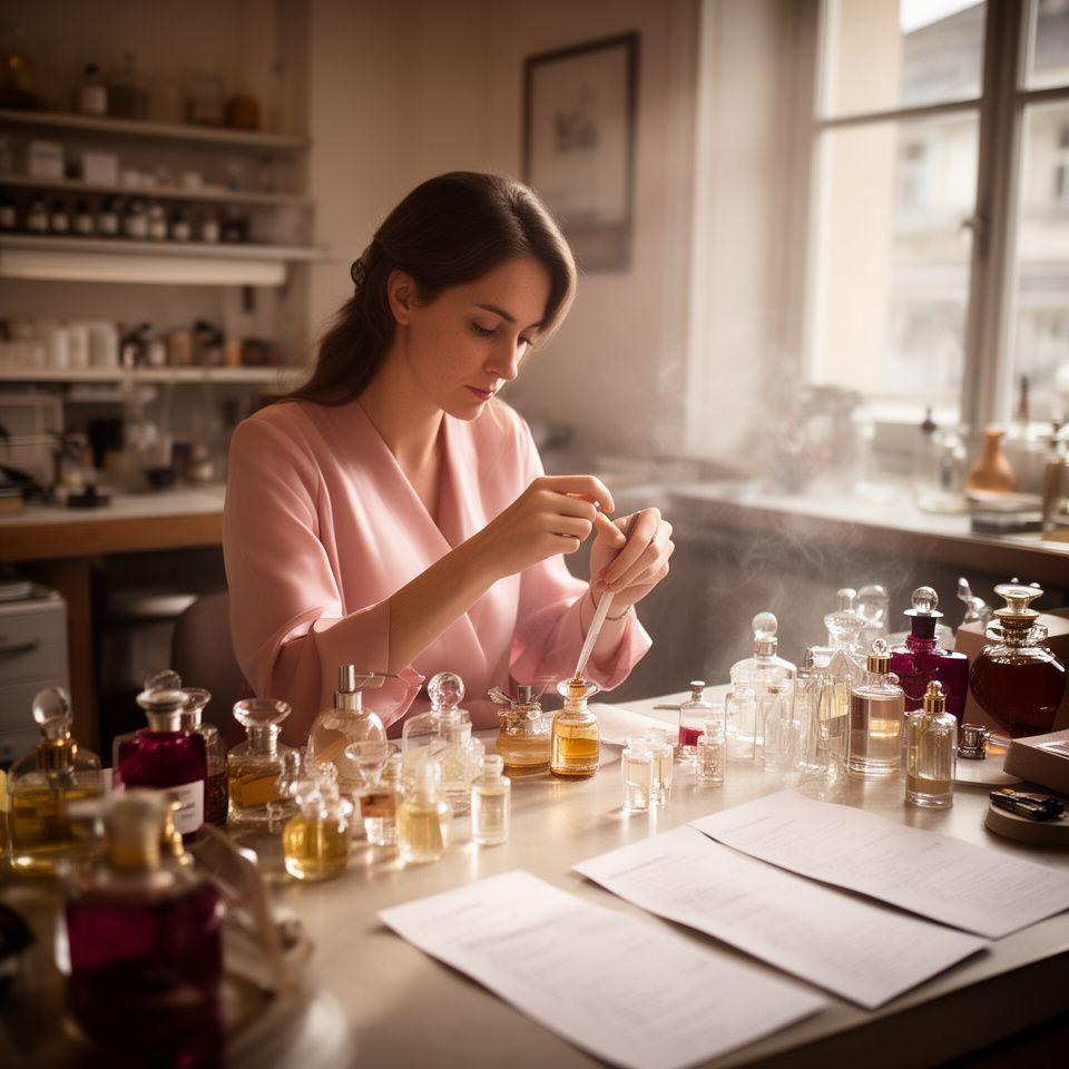 Parfümeurin in einem eleganten Zürcher Atelier mit Glasflakons, Notizen und warmem Tageslicht