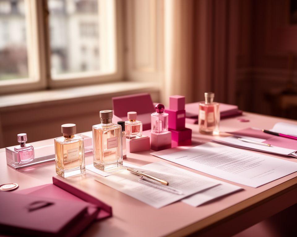 A refined consultation desk in Zurich with fragrance bottles, paperwork and soft daylight beside a window