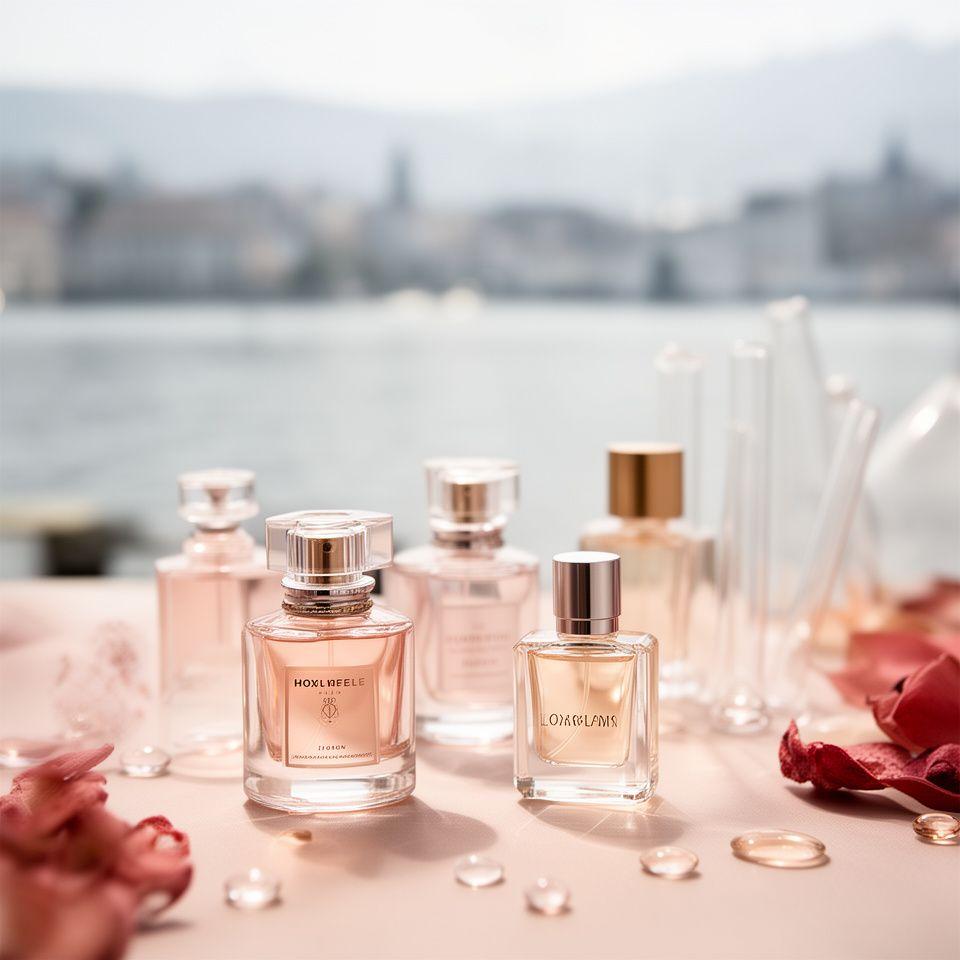 Elegante Parfümflakons und zarte Duftnoten in einem hellen Zürcher Atelier mit Blick auf den See