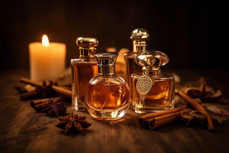 Warm leuchtende Parfümflakons mit orientalischen Gewürzen auf einem dunklen Holztisch im Boutique-Ambiente