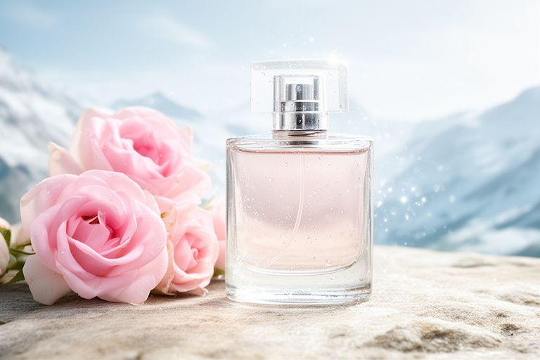 Helle Parfümflasche neben rosa Rosenblüten und kühlem Alpenwasser auf hellem Stein