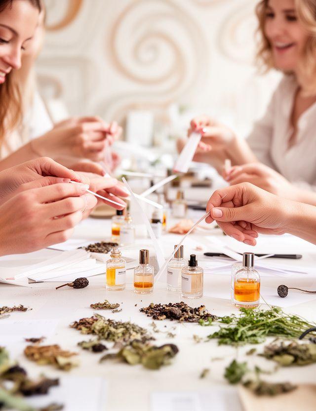 Kleine Workshop-Gruppe testet Duftstreifen an einem hellen Tisch mit Parfümzutaten in Zürich